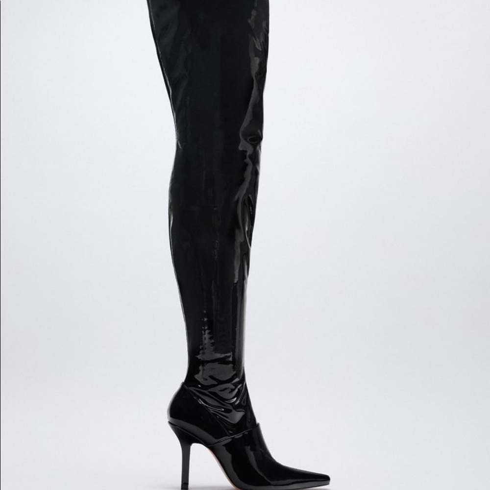 Zara Black Patent Leather over the knee boot Size